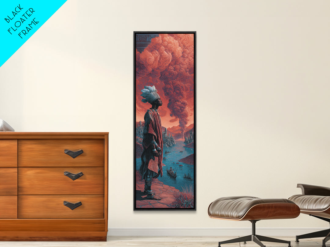 African Warrior Watching Crimson Smoke Canvas Print, Fantasy City Wall Art, Afrocentric Landscape, Red Tribal Decor Gift