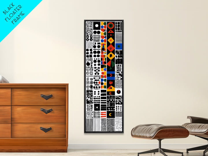 Modern African Geometric Grid Canvas Print, Black White Orange Tribal Symbols, Abstract Wall Art, Bold Cultural Decor Print