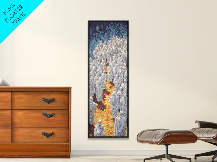 White Robed Procession Through Blue Forest Wall Art, African Spiritual Artwork, Dreamy Cultural Decor, Large Statement Print