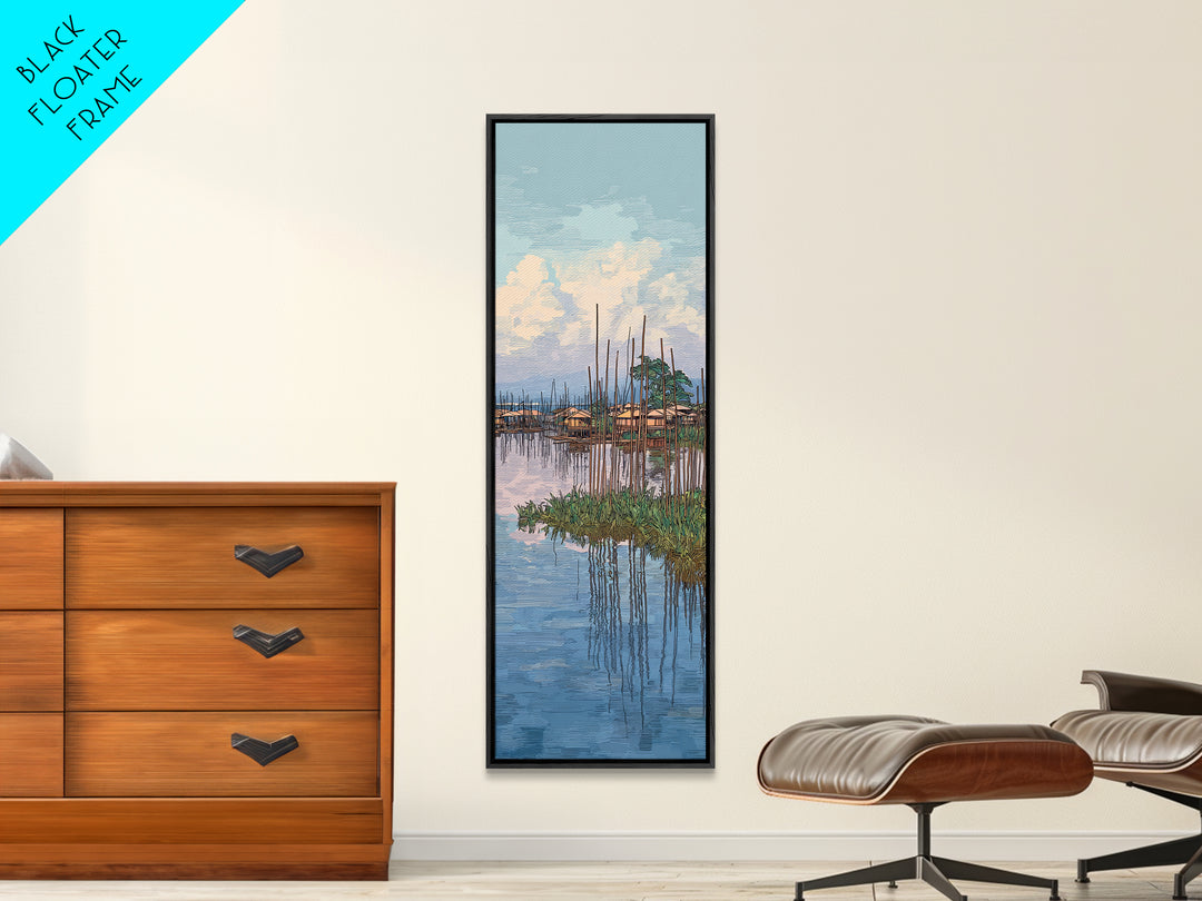 Peaceful African Lake Village Wall Art, Blue Water Landscape Canvas Print, Coastal Home Decor, Serene Travel Art Gift For Living Room