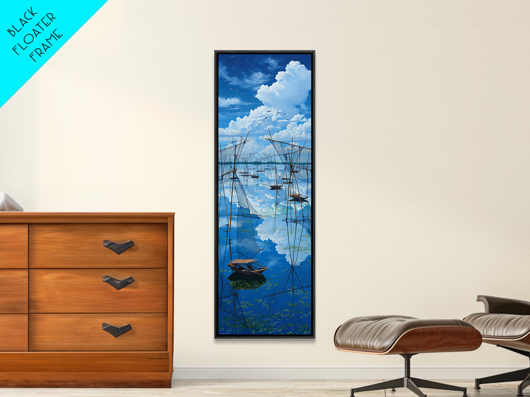 Dramatic Blue Fishing Nets Wall Art, African Lake Canvas Print, Coastal Landscape Decor, Serene Safari Art Gift For Home