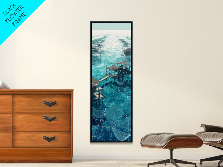 Turquoise African Stilt Village Wall Art, Aerial Lake Canvas Print, Modern Coastal Decor, Fishing Net Landscape Art Gift