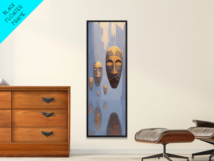 Floating African Mask Spirits Wall Art, Surreal Blue Gold Canvas Print, Afrocentric Tribal Decor, Mystical Culture Art Gift