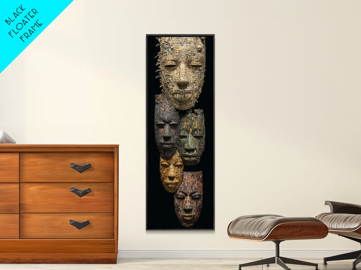 Textured African Mask Portrait Wall Art, Tribal Sculpture Canvas Print, Black Gold Afrocentric Decor, Cultural Artwork Gift