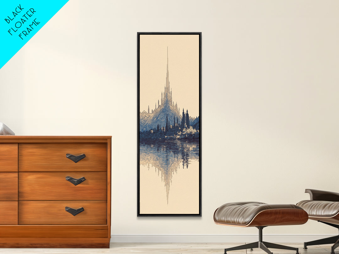 Blue Fantasy Spire City Framed Canvas Print, Dreamy Wall Art, Modern Canvas Art, Elegant Home Decor, Large Statement Wall Decor