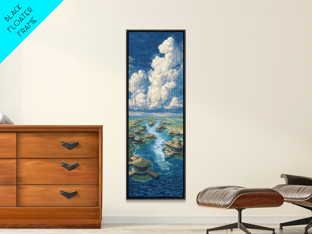 Tropical Lagoon Huts Under Clouds Canvas Print, Beach Art, Nature Scene Art, Blue Wall Decor, Coastal Home Decor Wall Art