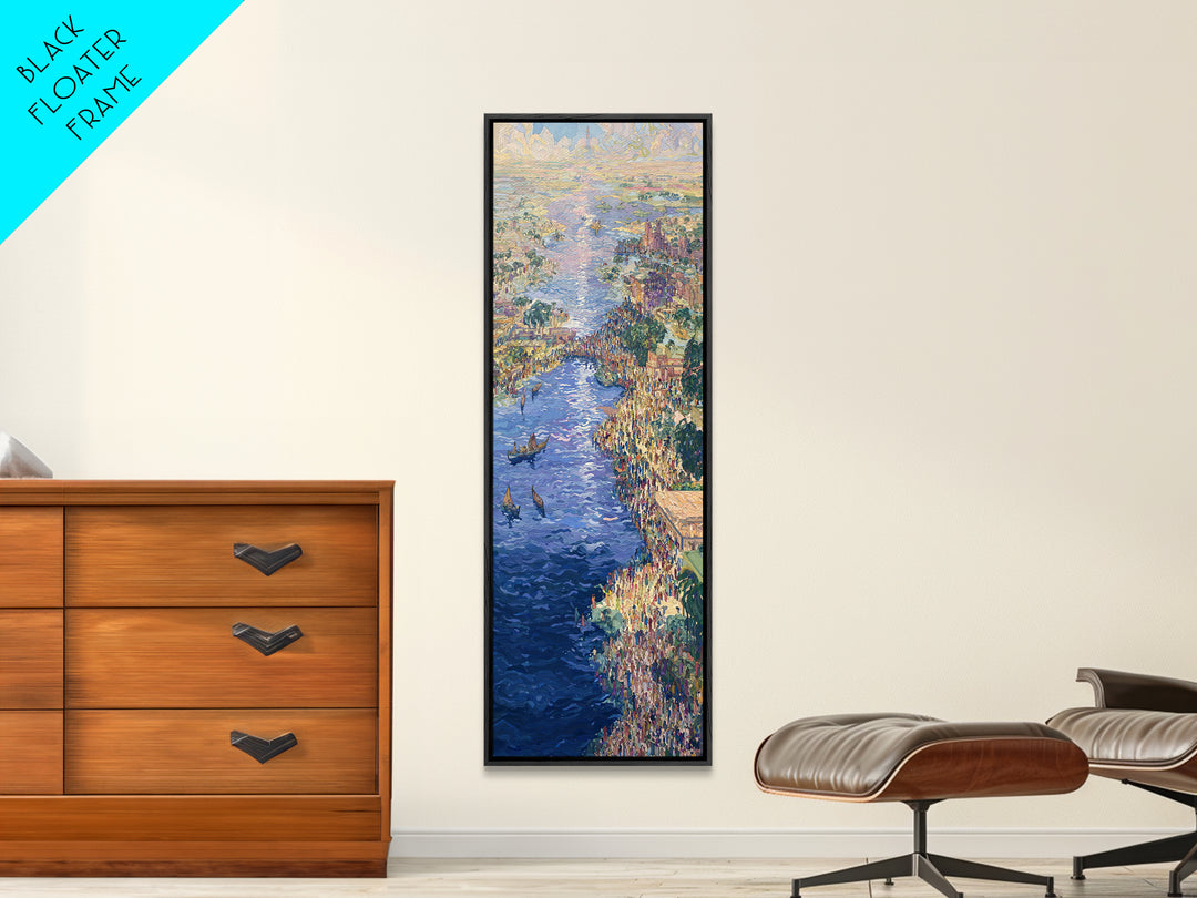Sunlit African River Crowd Wall Art, Blue Water Boats, Cultural Cityscape, Afrocentric Decor, African Painting Canvas Print