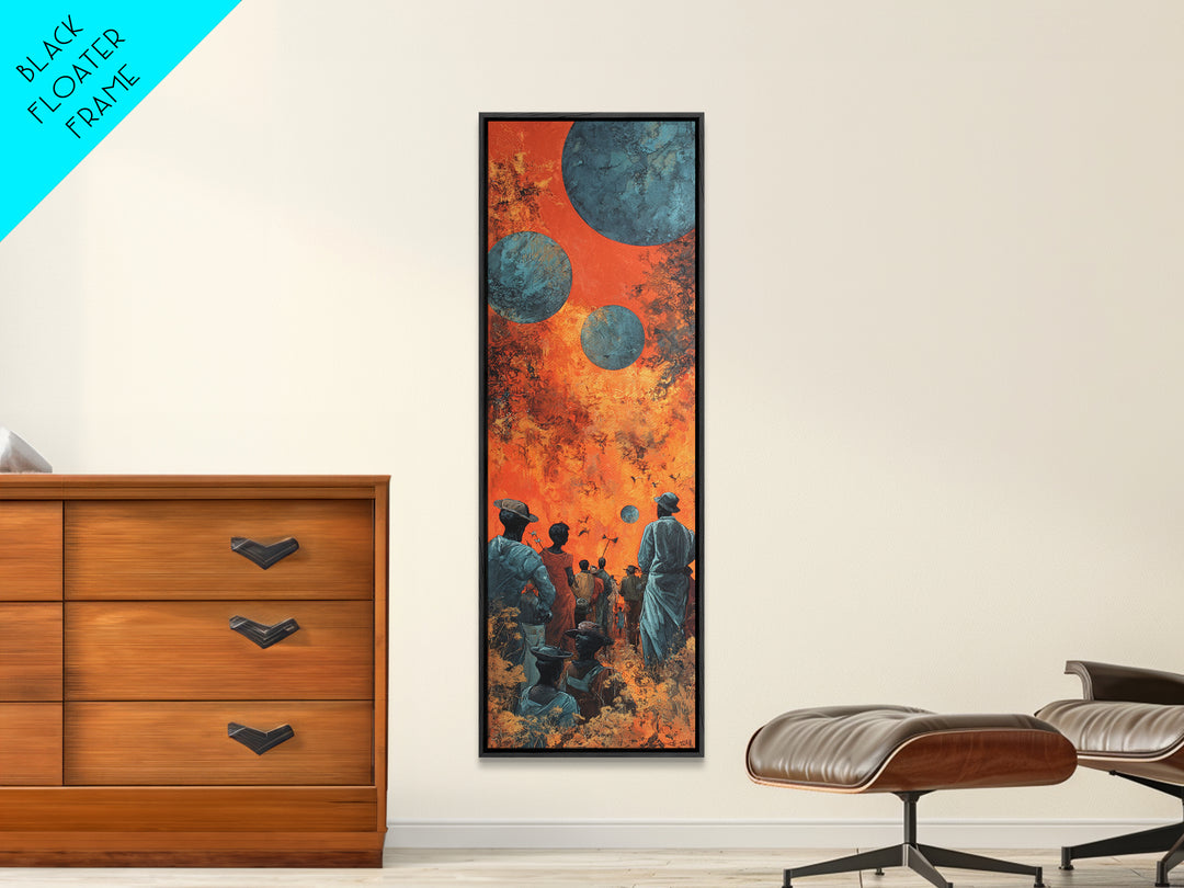 Surreal African Planet Gathering Wall Art, Orange Sky Blue Moons, Afrofuturism Decor, Spiritual Framed Canvas Print, Mystical Wall Decor