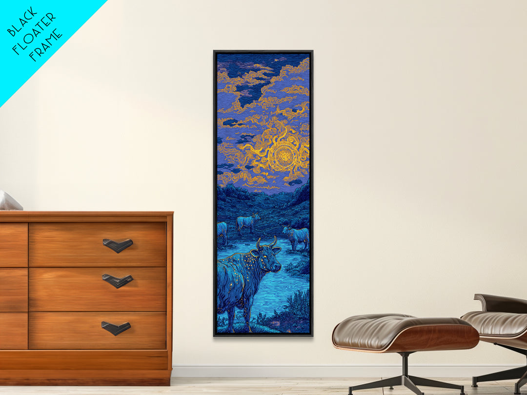 Blue Cow Under Orange Swirl Sky Canvas Print, Rustic Nature Scene Art, Animal Wall Art, Farmhouse Decor, Unique Wall Decor