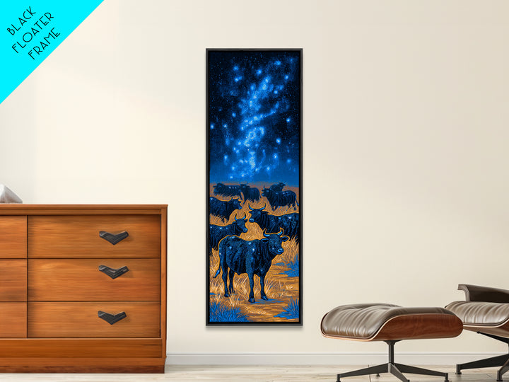 Longhorn Cattle Herd Beneath Blue Milky Way Framed Canvas Print, Western Animal Wall Art, Nature Scene Art, Bedroom Decor
