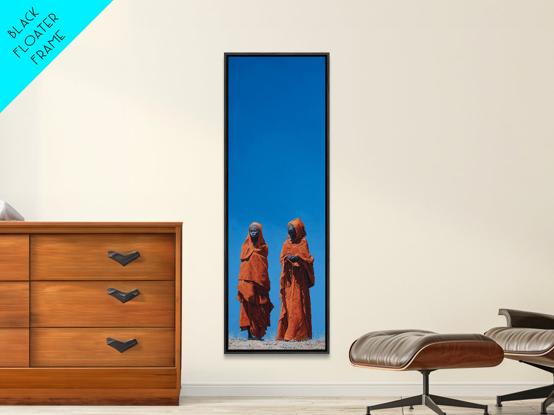 Two African Women In Orange Robes Wall Art, Minimalist Desert Portrait, Blue Sky Cultural Decor, Afrocentric Canvas Print