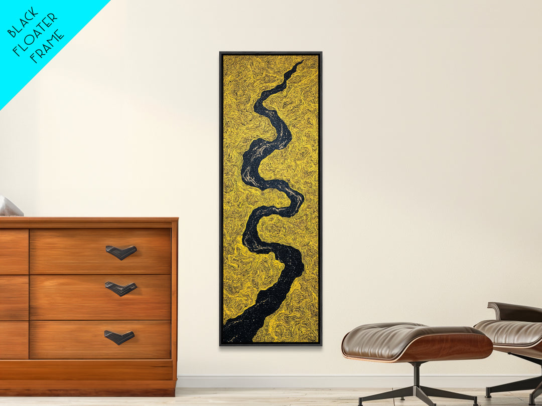 Black Winding River On Gold Texture Wall Art, Minimalist Abstract Landscape, Earth Tone Decor, Modern Canvas Gift For Living Room