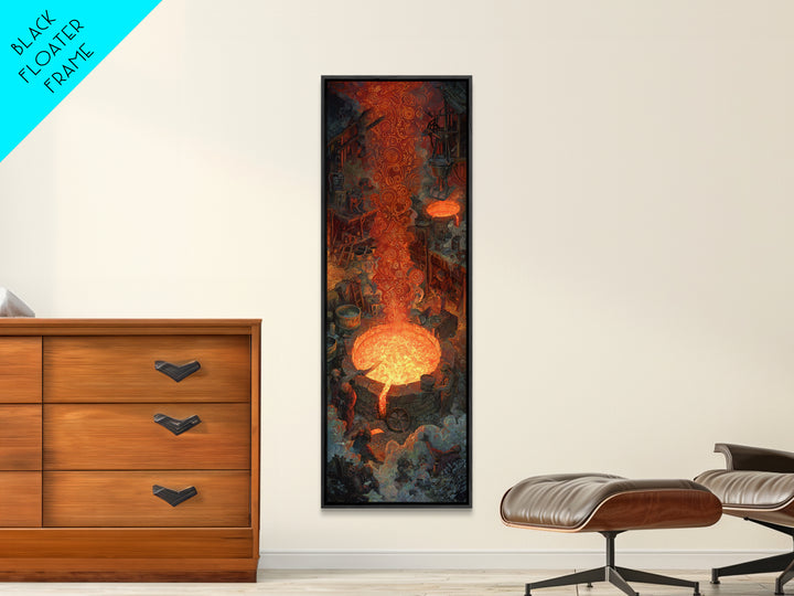 Molten Forge Workshop With Glowing Symbols Framed Canvas Print, Industrial Fantasy Wall Art, Orange Painting Home Decor Gift