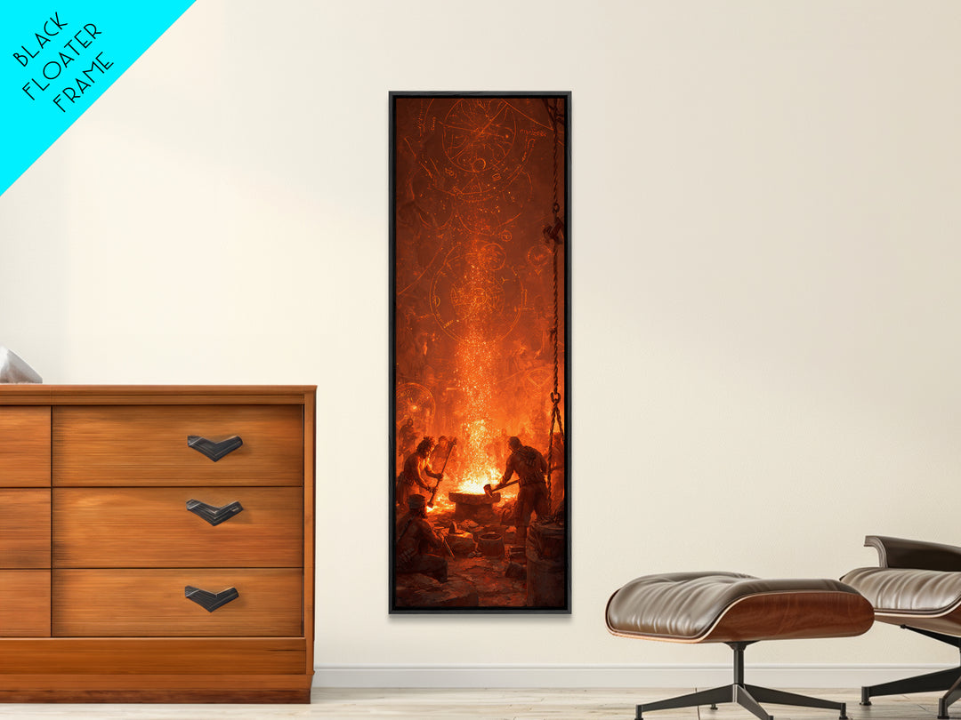 Ancient Forge Ritual With Glowing Sigils Framed Canvas Print, Spiritual Wall Art, Mystical Orange Home Decor Gift For Living Room Decor