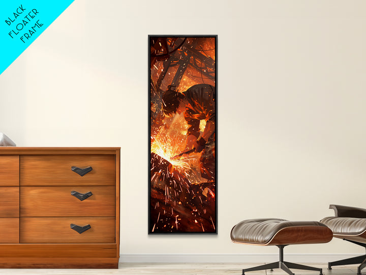 Welder In Shower Of Sparks Wall Art, Dramatic Orange Canvas Print, Industrial Workshop Art, Masculine Office Decor Gift For Him