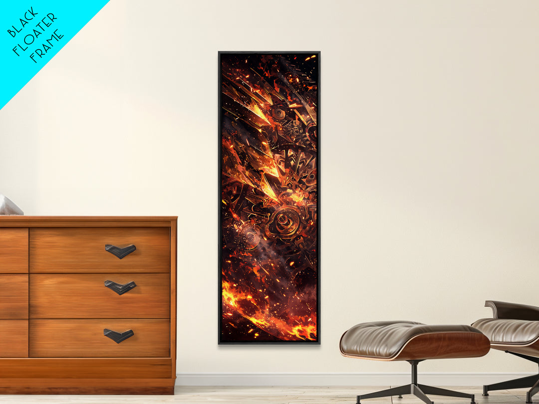 Fiery Mechanical Gears And Sparks Wall Art, Abstract African Inspired Industrial Canvas Print, Bold Orange Black Decor Gift