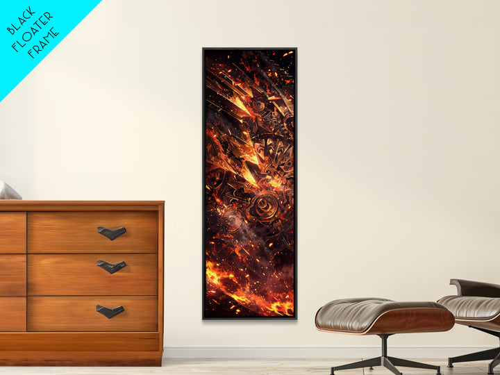 Fiery Mechanical Gears And Sparks Wall Art, Abstract African Inspired Industrial Canvas Print, Bold Orange Black Decor Gift