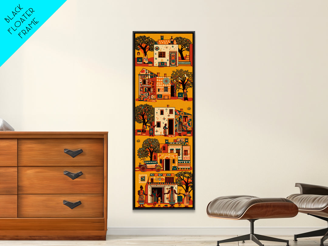 Orange African Village Houses And Trees Wall Art, African Folk Canvas Print, Cultural Home Decor, Afrocentric Travel Gift