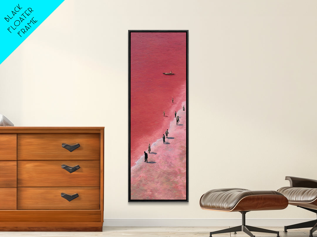 Pink African Salt Lake Shore With Fishermen Wall Art, Lake Retba Landscape, Coastal Boat Print, Serene Travel Home Decor Gift