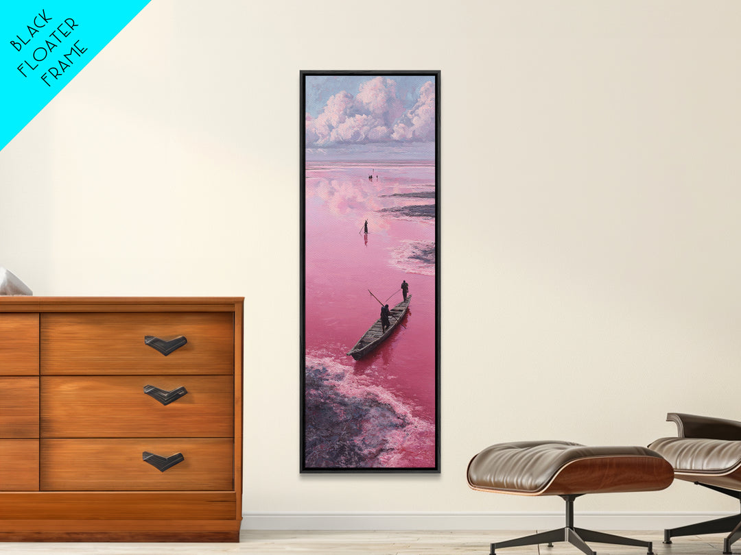 Dreamy Pink African Lagoon With Wooden Boat Canvas Print, Lake Retba Fisherman Scene, Coastal Landscape Wall Decor Gift Art