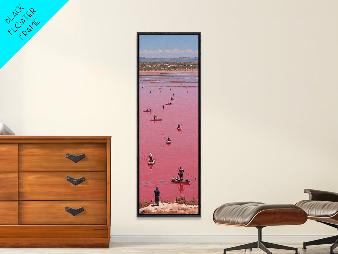 Pink African Lake With Boats And Salt Workers Framed Canvas Print, Lake Retba Landscape, Vibrant Travel Wall Decor Gift Art
