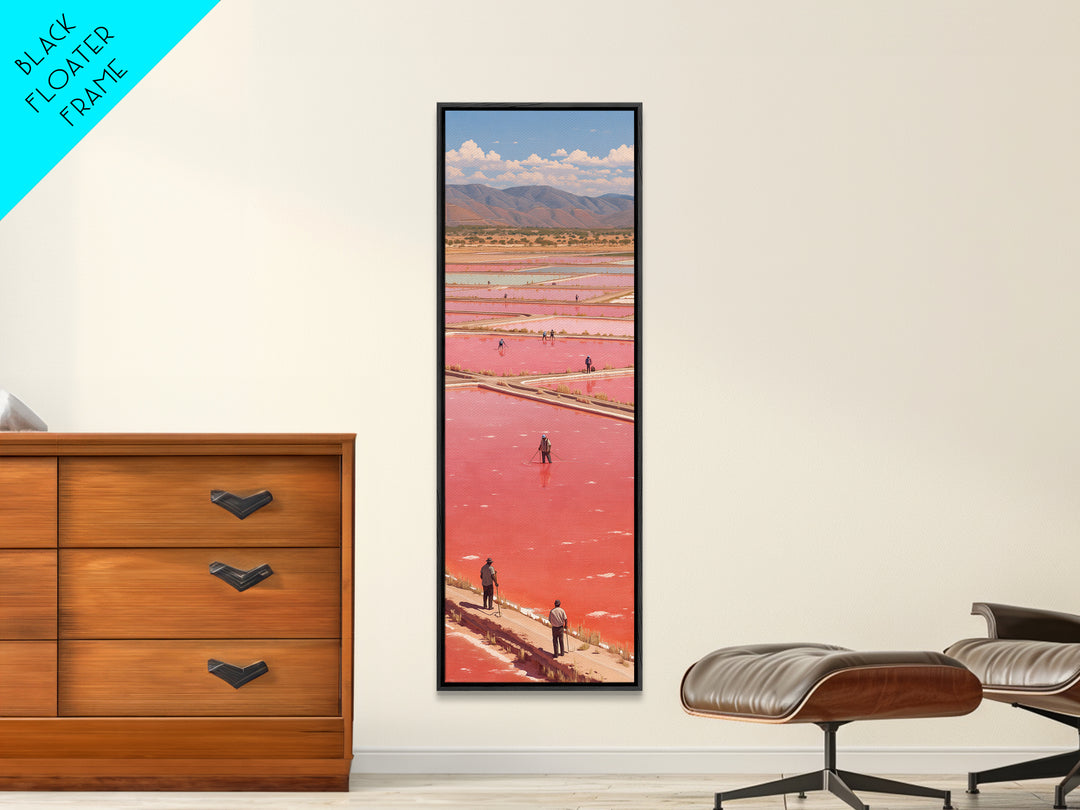 African Pink Salt Ponds With Mountains Wall Art, Lake Retba Workers Landscape Print, Vibrant Travel Decor For Living Room