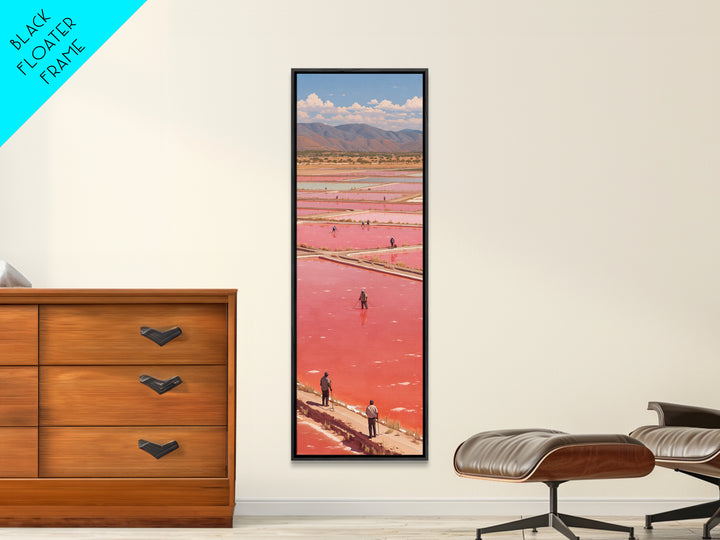 African Pink Salt Ponds With Mountains Wall Art, Lake Retba Workers Landscape Print, Vibrant Travel Decor For Living Room