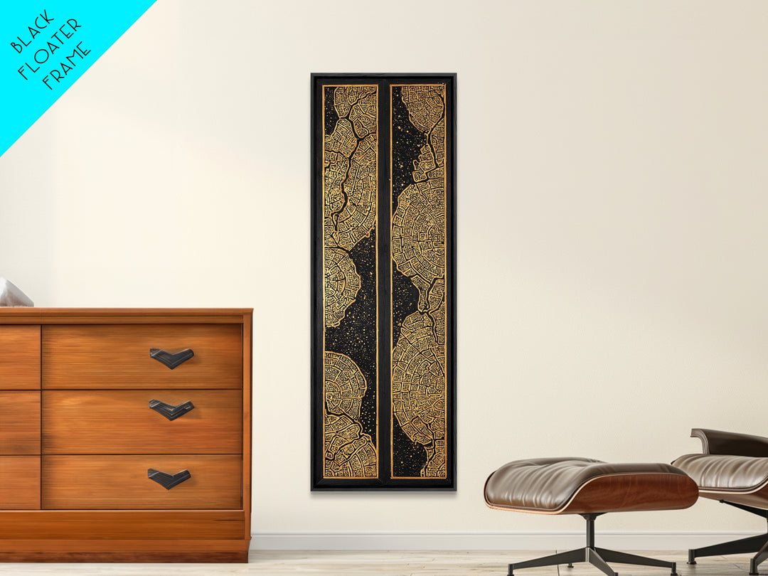 Gold Black African City Map Canvas Print, Diptych Style Tribal Pattern Wall Art, Geometric Luxury Home Decor Statement Piece