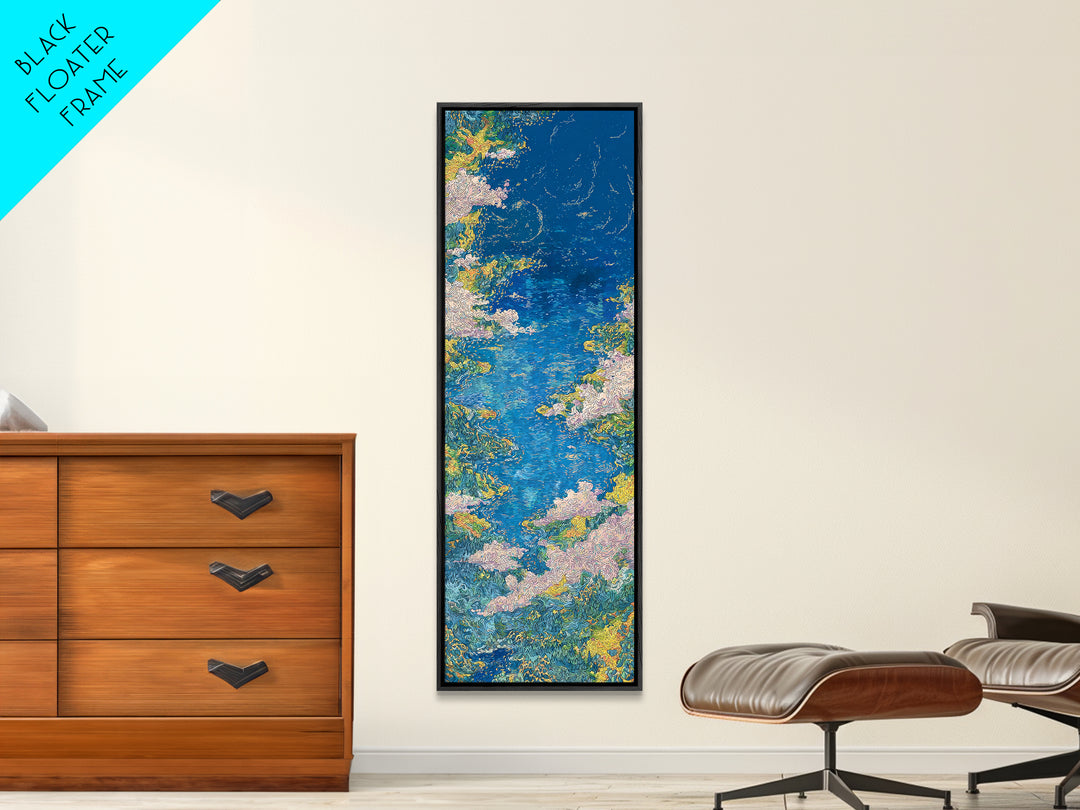 Blue Floral River Landscape Wall Art, Impressionist Garden Water Canvas Print, Nature Scene Art For Serene Home Decor Gift