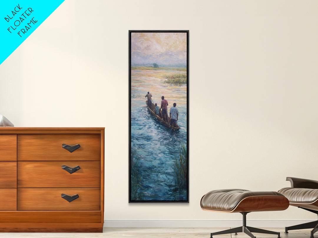 African Canoe River Landscape Wall Art, Fishermen On Water Canvas Print, Serene Safari Cultural Home Decor Gift For Him