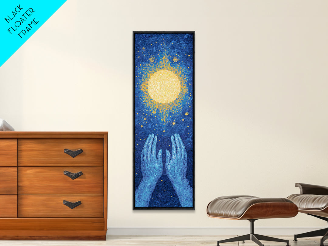 Glowing Celestial Sun Between Blue Hands Wall Art, Spiritual Wall Art, Mystical Wall Art, Starry Blue Home Decor Gift Idea
