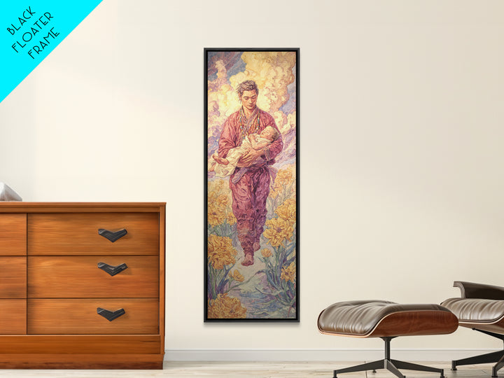 Gentle Shepherd Carrying Lamb Through Golden Flowers Framed Canvas Print, Spiritual Wall Art, Painting, Meaningful Gift For Home
