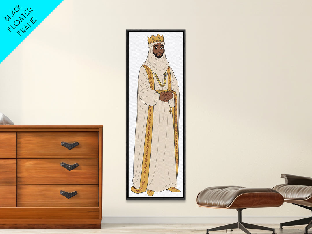 Regal Bearded King In White Robes Framed Canvas Print, African Inspired Royal Portrait, Elegant Cultural Home Decor Gift