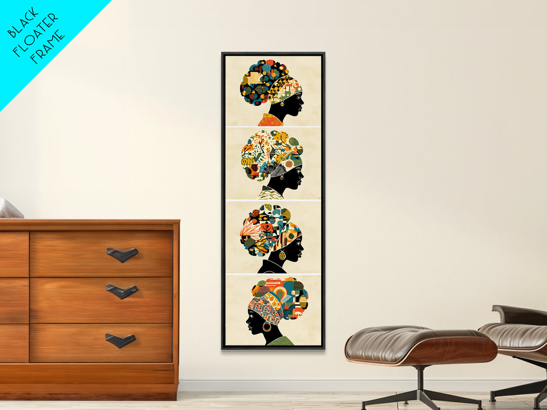 Four Floral Headwrap African Women Wall Art, Black Woman Silhouette Canvas Print, Afrocentric Ankara Decor Art Gift For Her