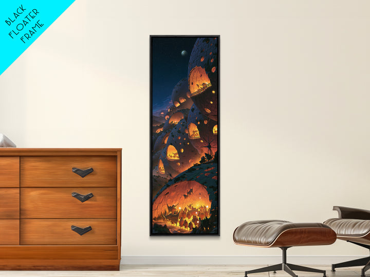 Futuristic African Dome City With Glowing Lanterns Wall Art, Afrofuturism Decor, Starry Night Sci Fi Landscape Print For Home Decor