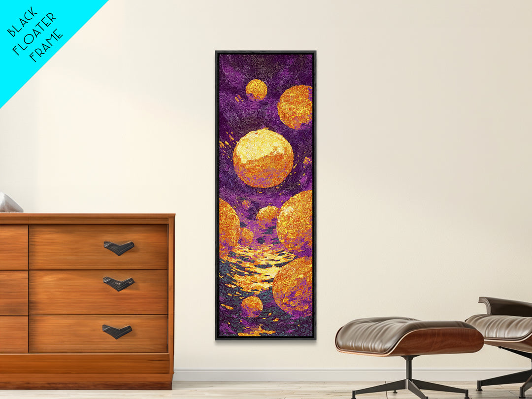 Floating Golden Planets Over Purple Cosmic Water, Canvas Print, Abstract Wall Art, Vibrant Decor, Unique Home Decor Gift