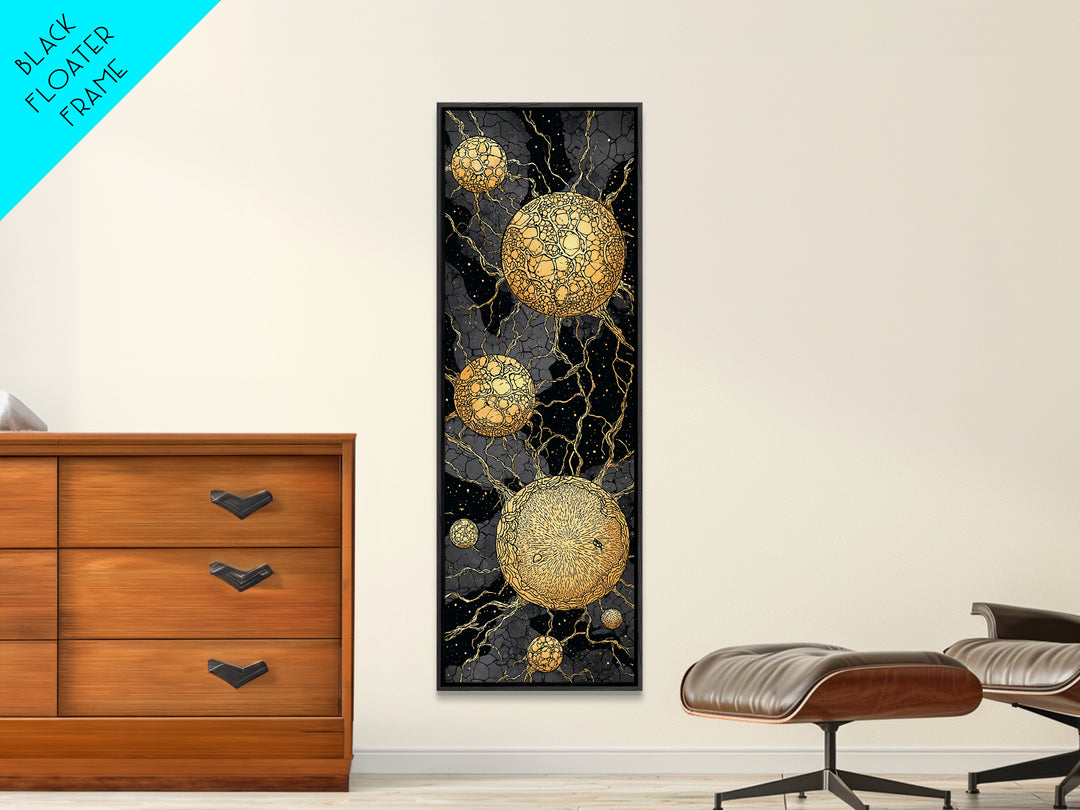 Cracked Golden Spheres With Marble Veins, Framed Canvas Print, Abstract Wall Art, Black And Gold Decor, Luxury Artwork For Home