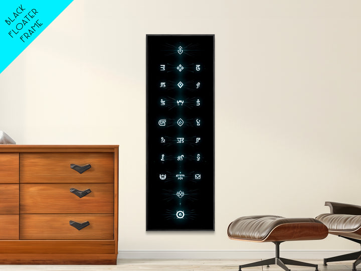 Glowing Cyan Mystic Glyphs Wall Art, Afrocentric Abstract Symbols, Spiritual Minimalist Black Decor, Modern Tribal Canvas Print