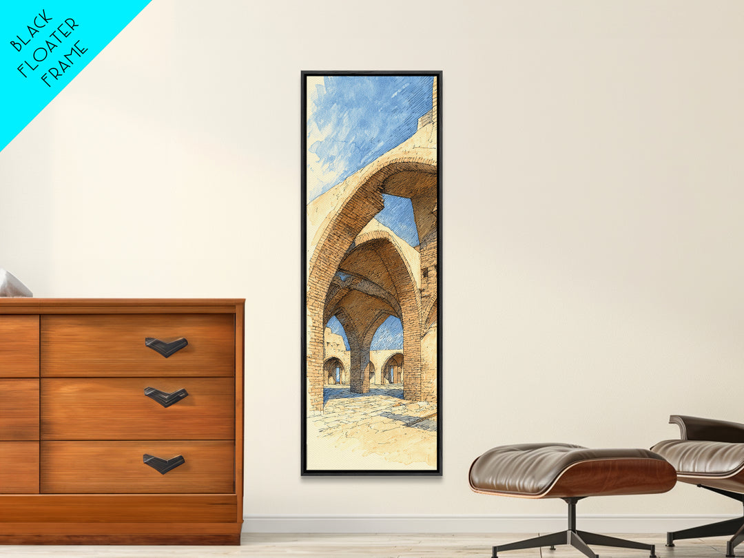 Sunlit Stone Arches Canvas Print, Morocco Africa Architecture Wall Art, Blue Beige Travel Decor, Bohemian Home Art For Living Rooms