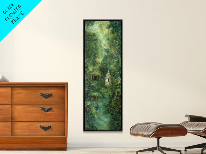 Misty Rainforest Temple With Hanging Vines Wall Art, Ancient Jungle Shrine, Spiritual Nature Scene, Green Home Decor Print