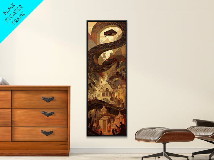 Giant Serpent Over Golden Fantasy City Wall Art, Mystical Statement Decor, Dark Academia Large Canvas Artwork For Living Room