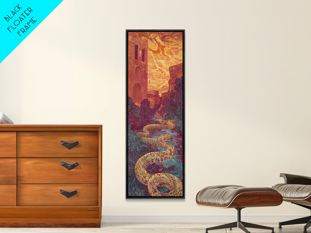 Golden Serpent Through Cathedral Garden Wall Art, Mystical Landscape Decor, Fantasy City Large Canvas Artwork For Home Gift
