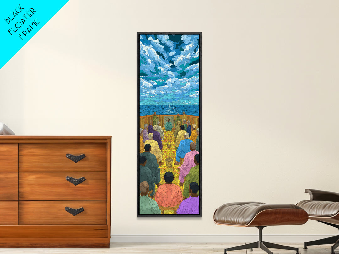 Ocean Baptism Gathering Under Blue Sky Canvas Print, African Spiritual Wall Decor, Coastal Church Art, Serene Home Gift, Calm Decor