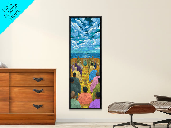 Ocean Baptism Gathering Under Blue Sky Canvas Print, African Spiritual Wall Decor, Coastal Church Art, Serene Home Gift, Calm Decor