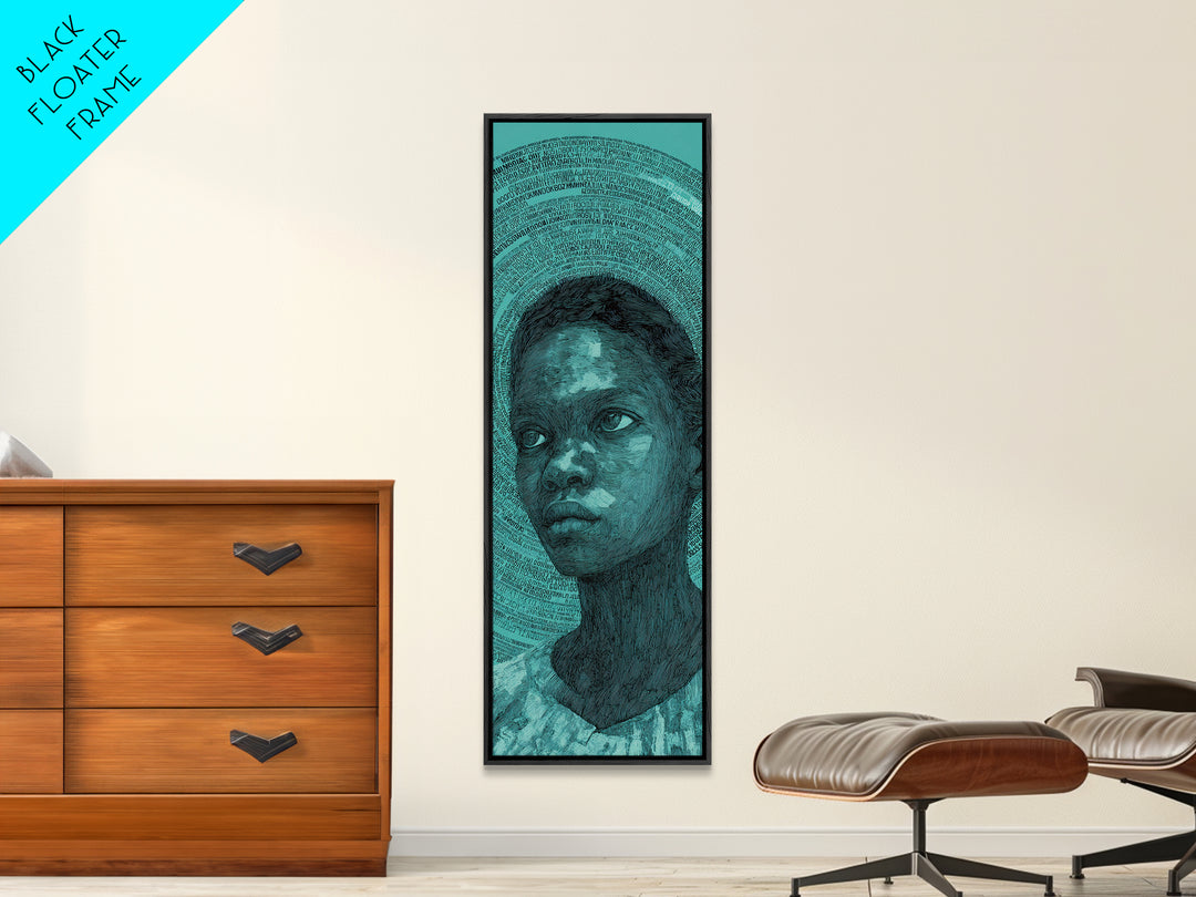 Teal Black Child Portrait With Halo Lines, Wall Art, Black Girl Art, Afrocentric Decor, Feminine Home Decor Gift For Her