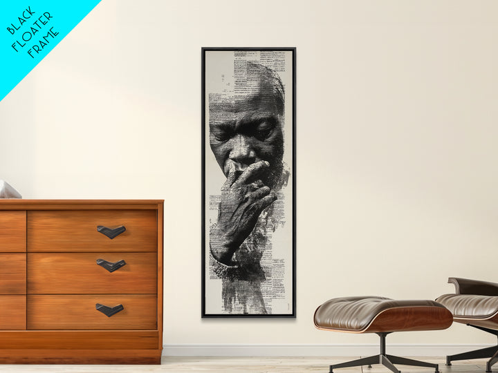 Contemplative Black Man Portrait In Text, Framed Canvas Print, Black Wall Art, Afrocentric Decor, Thoughtful Gift For Him