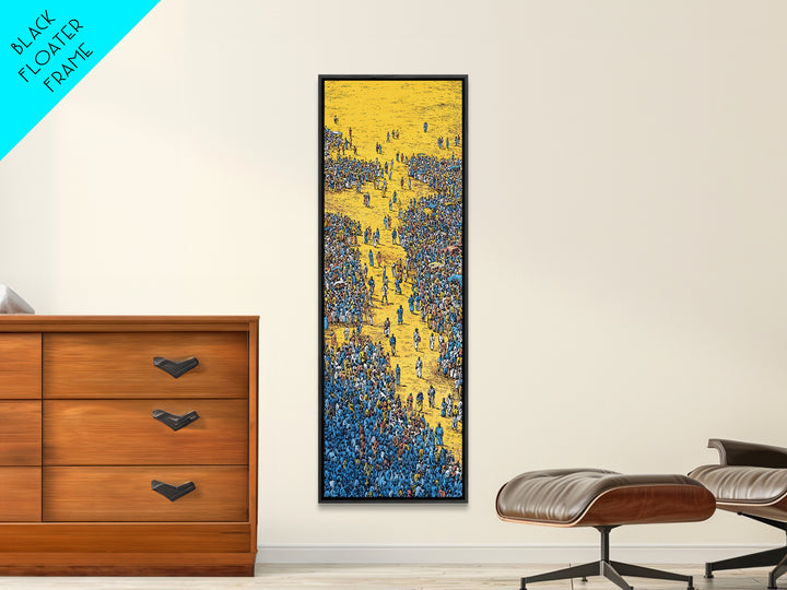 Golden Path Through Blue Crowd Canvas Print, African Celebration Art, Cultural Wall Decor, Bold Tribal Abstract Home Decor