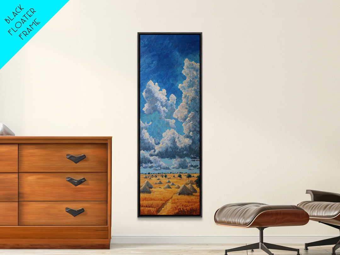 Golden Savanna Huts Under Towering Blue Clouds Canvas Print, African Landscape Wall Decor, Safari Art For Living Room Decor Gift