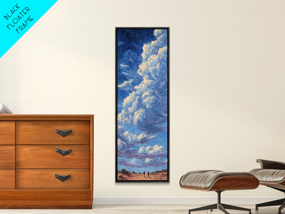 Desert Walkers Under Sculpted Blue Clouds Wall Art, African Landscape Canvas Print, Modern Safari Decor For Living Room Gift