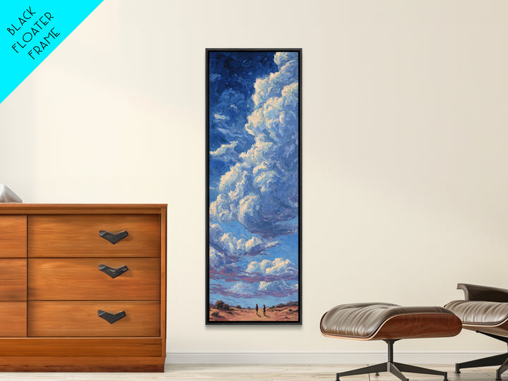 Desert Walkers Under Sculpted Blue Clouds Wall Art, African Landscape Canvas Print, Modern Safari Decor For Living Room Gift